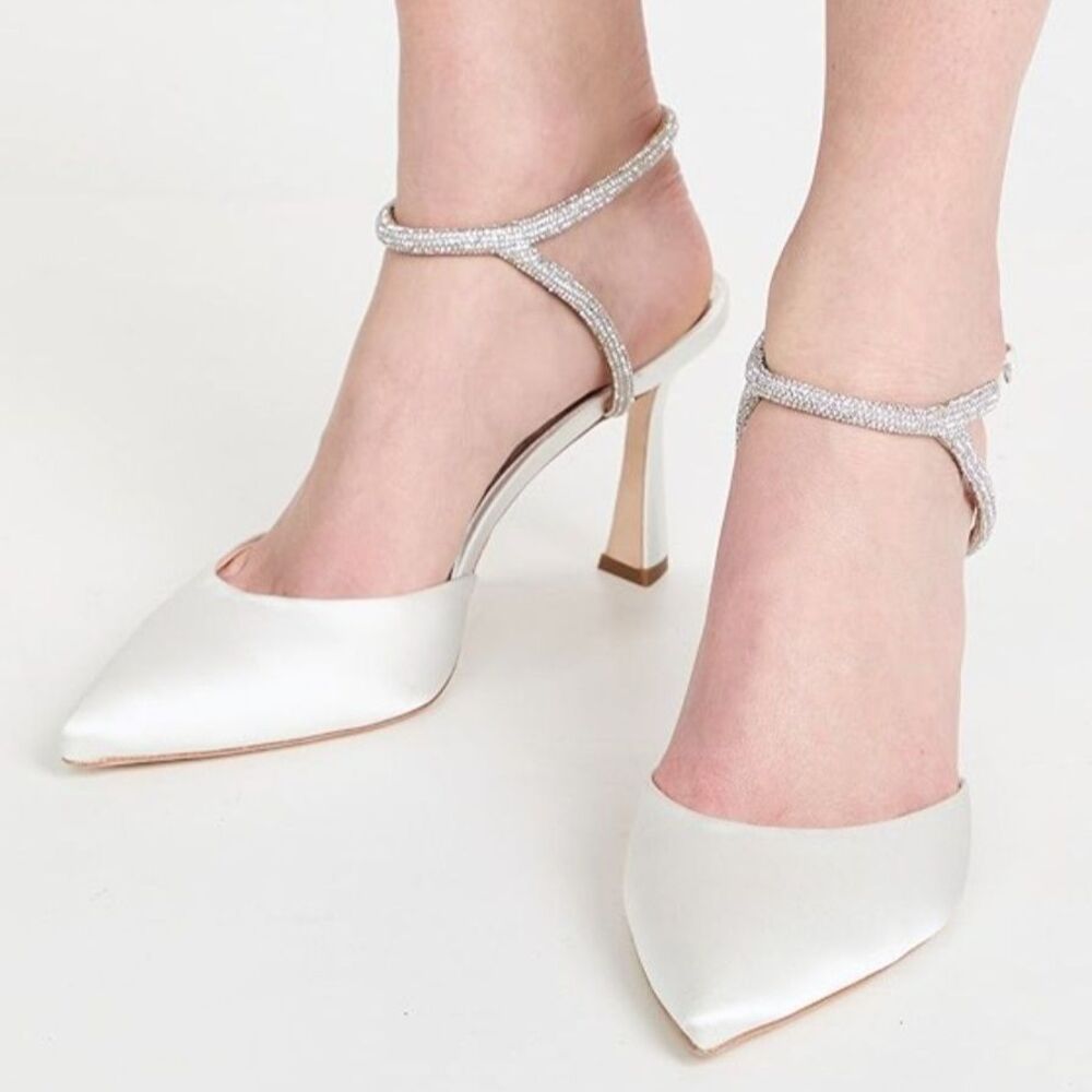 Badgley Mischka Kamilah Crystal Slingback Bridal Heels Sz 11 Ivory Satin Wedding